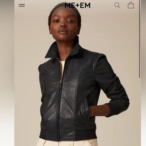ME+EM 2 Leather Crop Bomber Jacket Navy Ribbed Trim Feminine Gold Zipper EUC